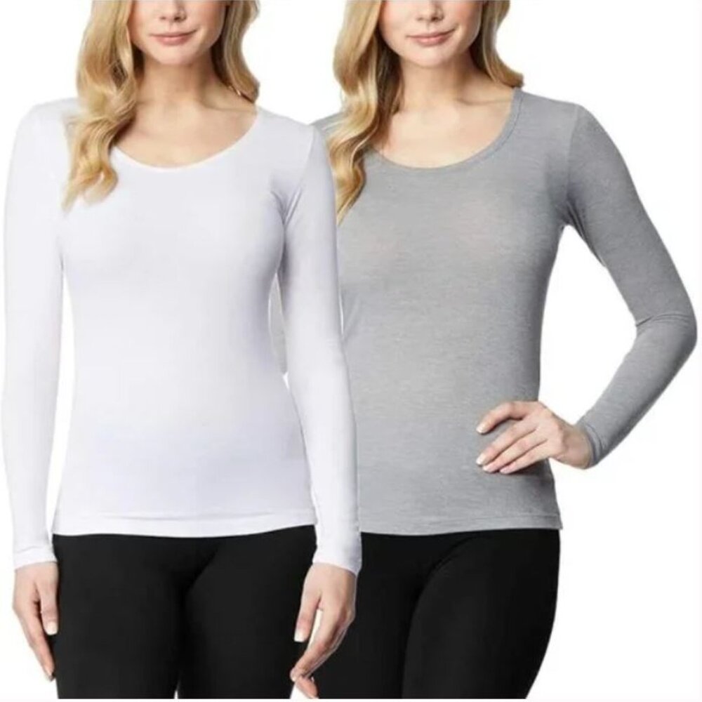 32 Degrees Heat Long Sleeve Scoop Neck Tee 2-Pack White/Grey XL